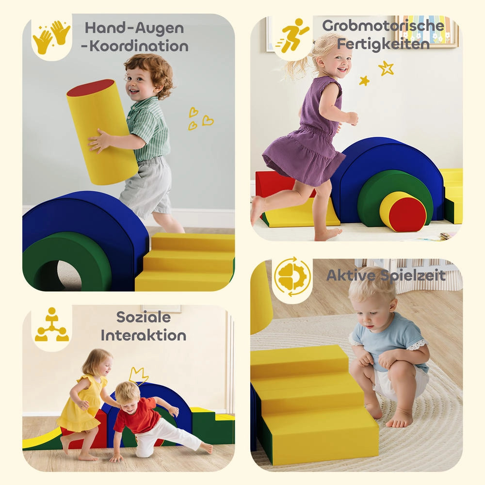 Set 5 Blocchi Morbidi per Bambini in Schiuma ed Ecopelle, Moduli da Gioco per Arrampicarsi e Gattonare da Interno, Multicolore