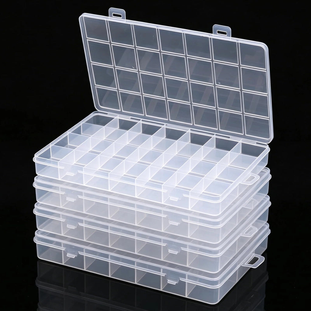 Set di 4 contenitori portaoggetti in plastica, con 28 scomparti, trasparenti