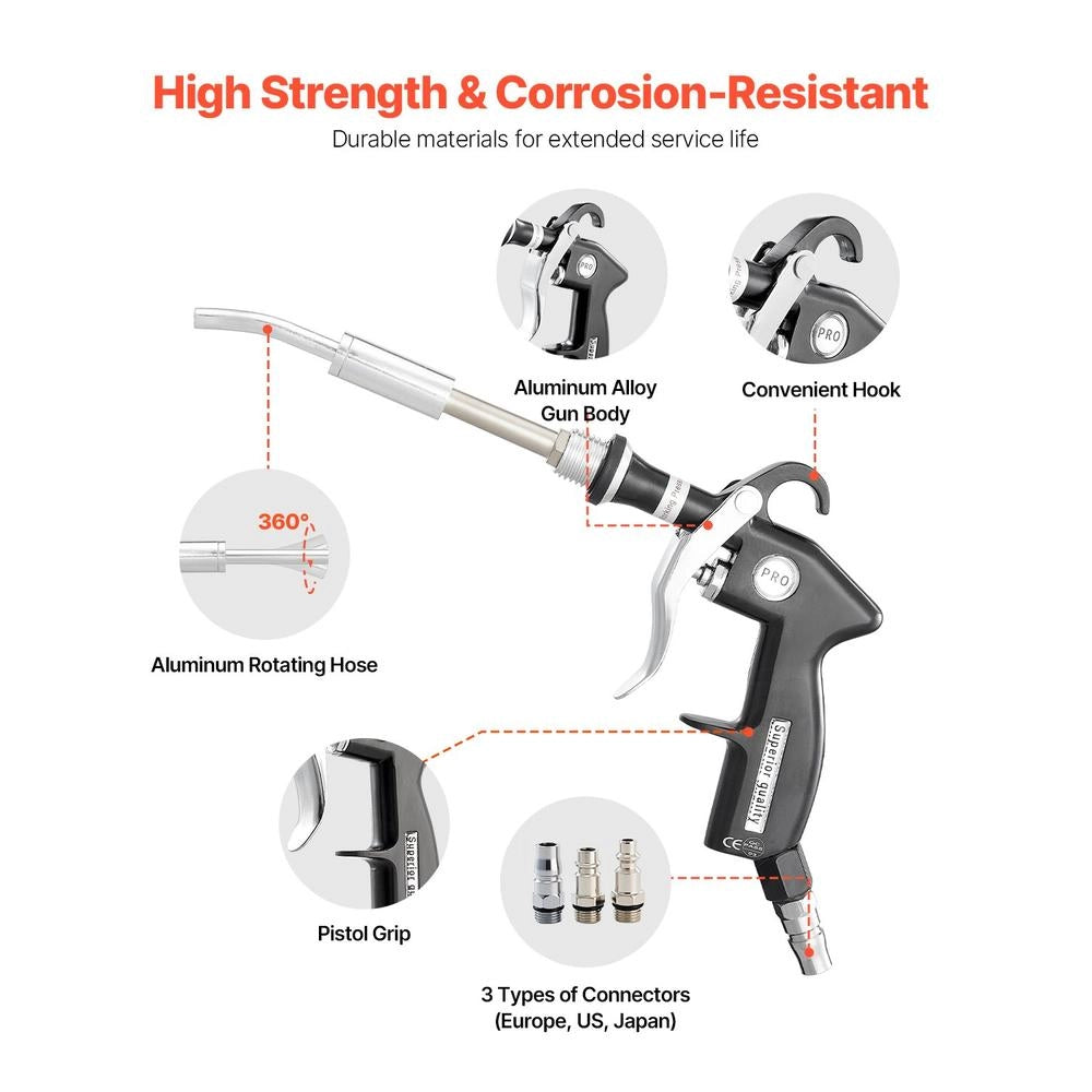 Pulitore ad Aria Compressa HCL-15A 6-9,2 bar con Tubo Rotante in Alluminio 2 Ugelli 1/4 NPT Ergonomico per Officina e Fai da Te