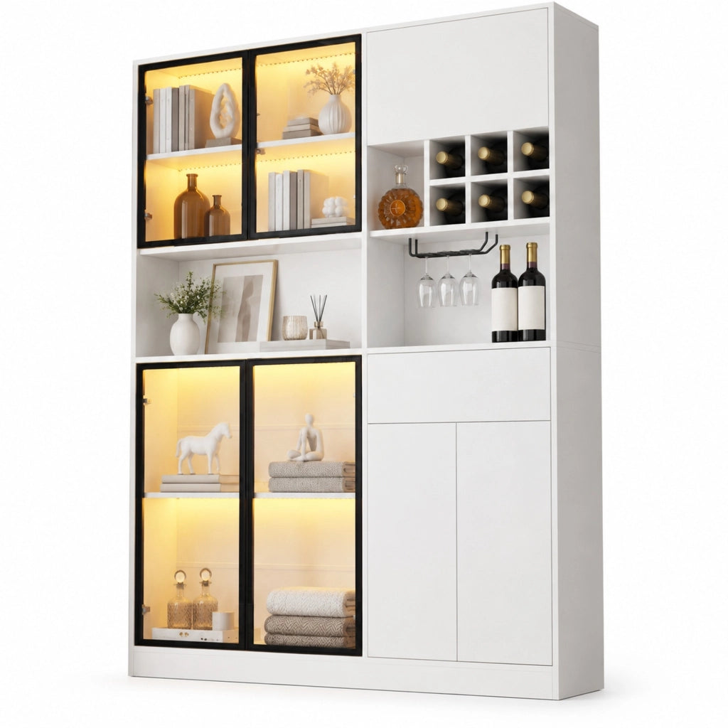 Vetrina 140x30x200 cm con LED Bluetooth; 7 ante; cassetto e portabicchieri; bianca