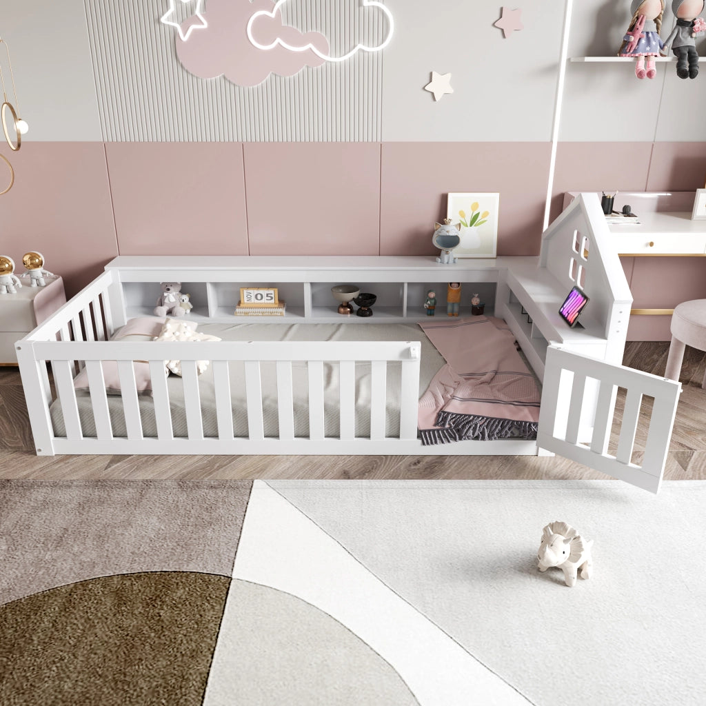 Letto per bambini 90x200 cm con tetto e finestra; vani portaoggetti; sponde di sicurezza; legno bianco