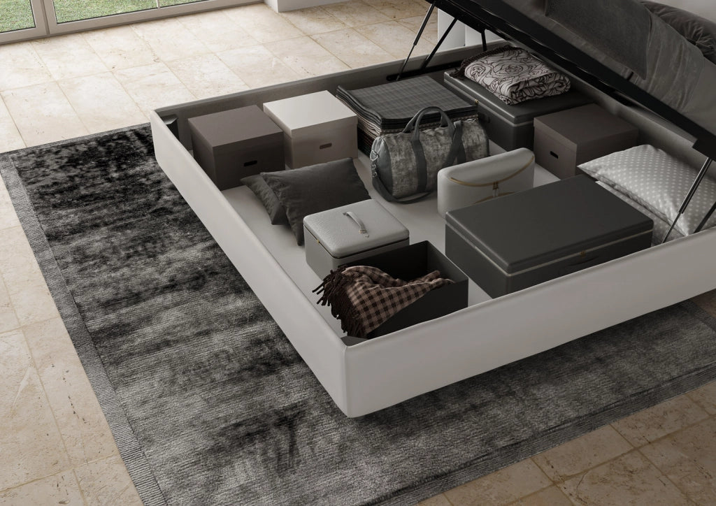 Letto Matrimoniale King Size con Testiera Trapuntata in Similpelle 200x200 Con Rete e Contenitore Mika Bianco