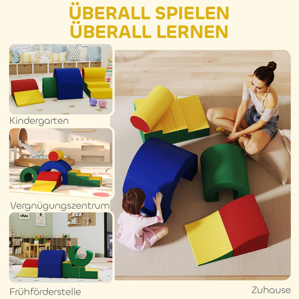 Set 5 Blocchi Morbidi per Bambini in Schiuma ed Ecopelle, Moduli da Gioco per Arrampicarsi e Gattonare da Interno, Multicolore