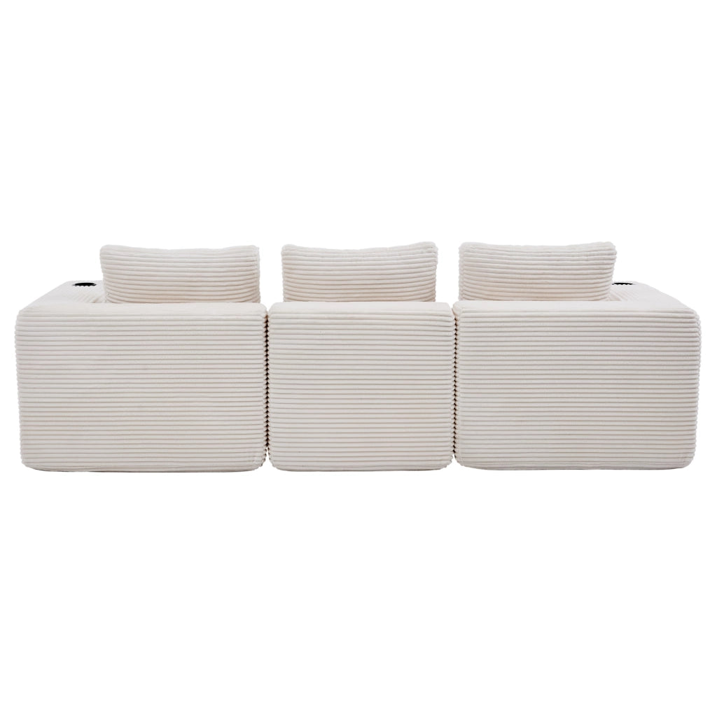 Divano ULEVR beige imbottito in poliestere con 3 cuscini e 2 portabevande