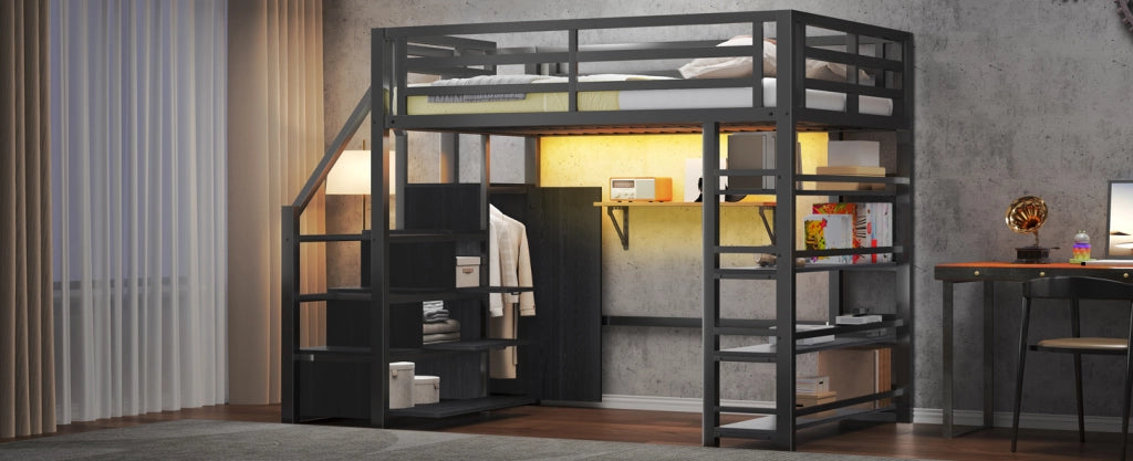 Letto a castello con scala e armadio, mensole a 4 livelli e illuminazione LED controllabile via app