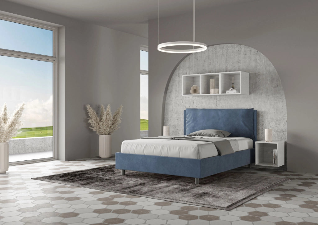 Letto alla Francese con Testiera Imbottita 140x210 Con Rete Antea Large Blu