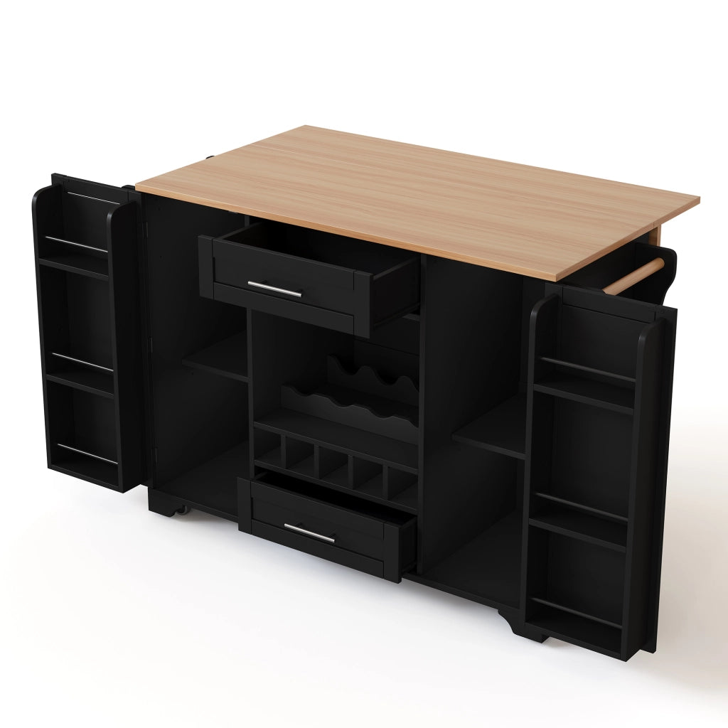 Carrello da cucina su ruote 138 × 45 × 92 cm con piano pieghevole armadietti cassetti portabottiglie nero naturale