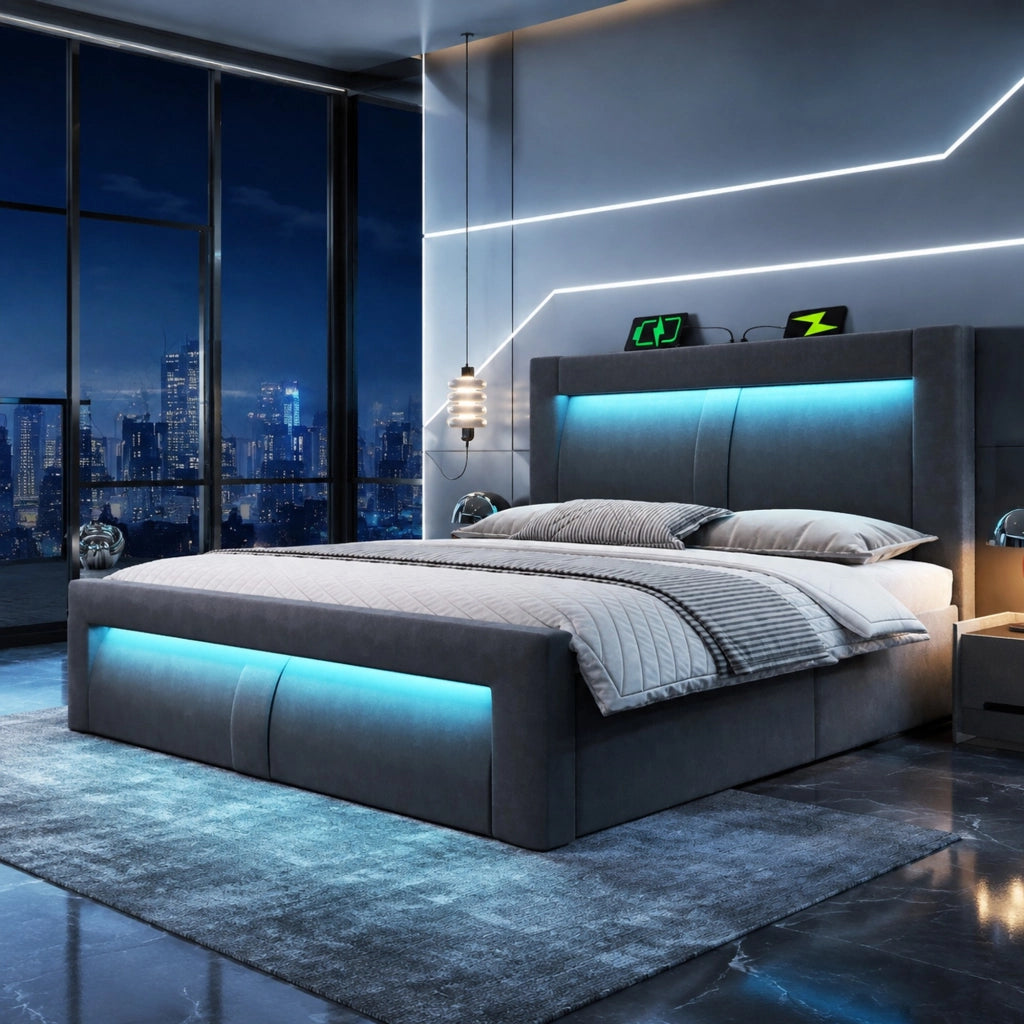 Letto contenitore 180 × 200 cm con LED; USB e Type-C; velluto grigio