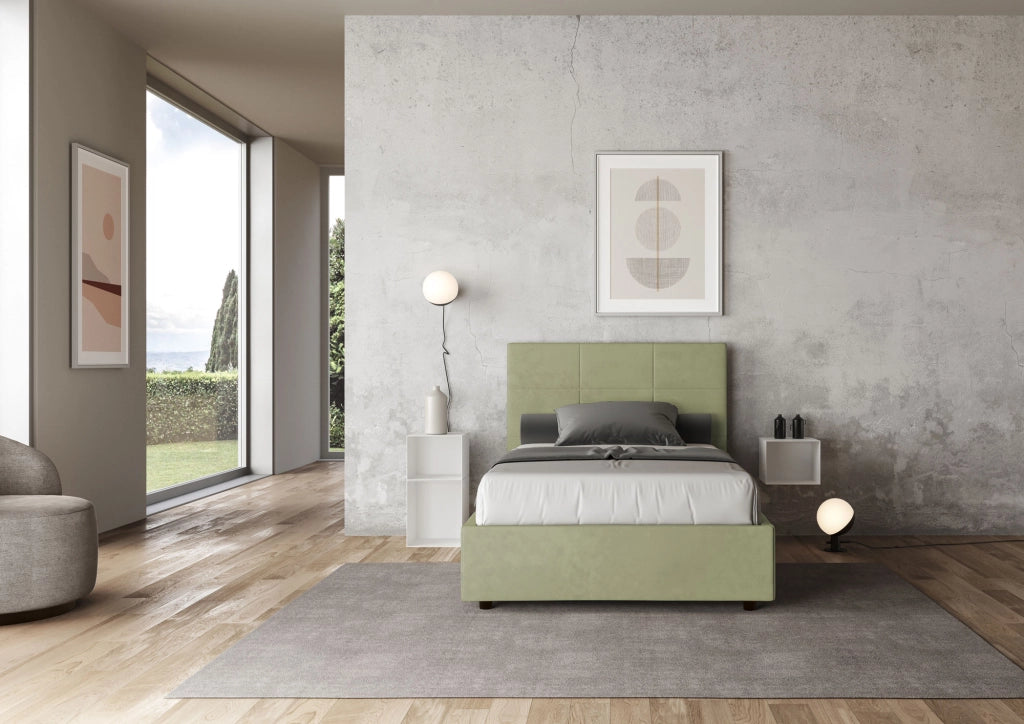 Letto una Piazza e Mezza Imbottito in Microfibra 120x190 Con Rete e Contenitore Mika Tè verde