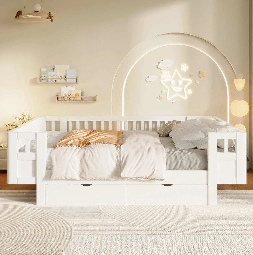 Letto per bambini 140 x 200 cm bianco con sponde e 2 cassetti