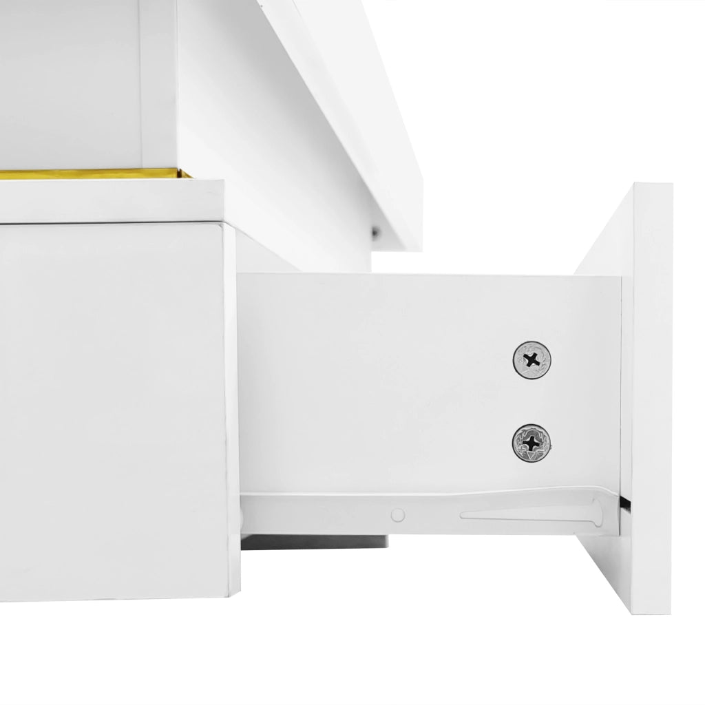 Tavolino da salotto 70 × 70 × 35,5 cm con 2 cassetti in pannello di particelle bianco lucido con dettagli dorati