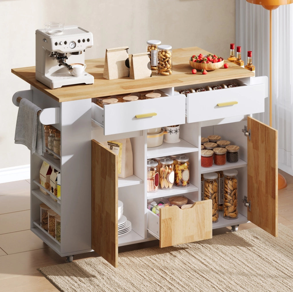 Isola da cucina mobile con piano lavoro ribaltabile, carrello con 3 cassetti grandi, ripiani porta spezie e ruote bloccabili, 120 × 45(71) × 90 cm