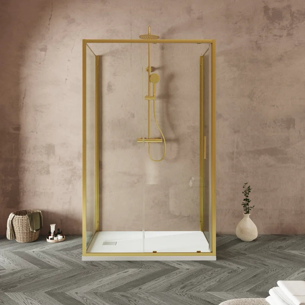 Box doccia tre lati 90x130x90cm con porta scorrevole profili oro spazzolato vetro 6mm trasparente anticalcare h190| Portofino