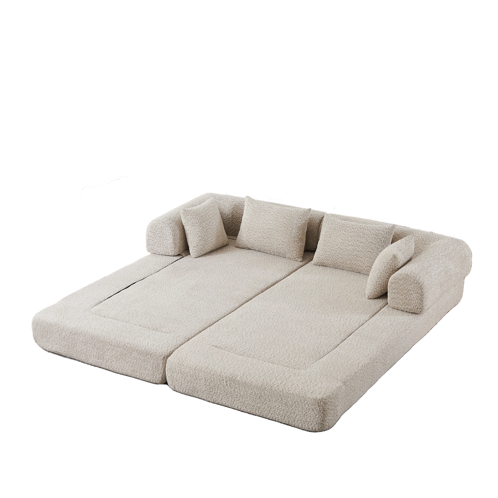 Divano letto modulare 4 in 1 con schienale regolabile e 4 cuscini in ciniglia beige
