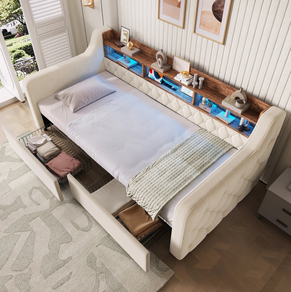 Letto singolo imbottito beige 90x190 cm con LED e 2 cassetti
