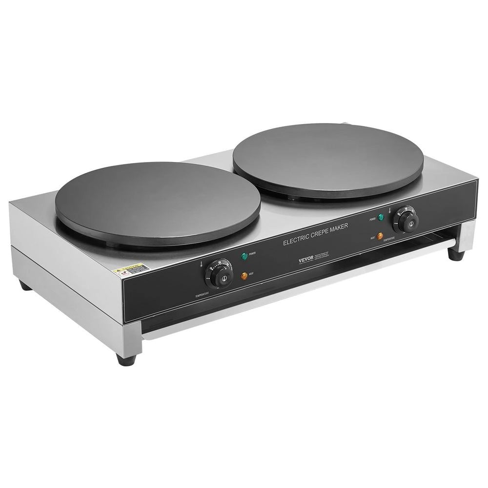 HT-2E Crepiera Elettrica a Doppia Piastra 406 mm in Acciaio Inox, Piastra per Crepes 6000 W Robusta e Facile da Pulire, Fornello Circolare Argento
