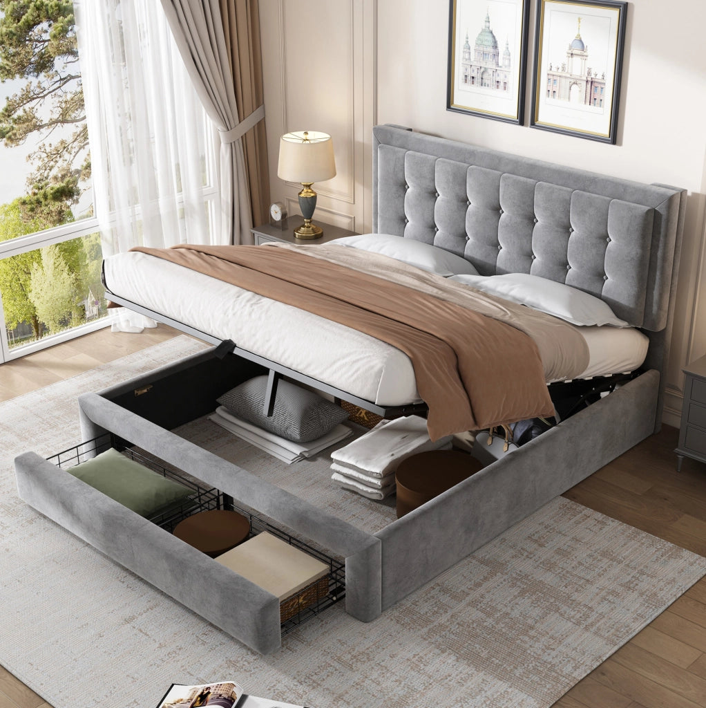 Letto contenitore 140 × 190 cm con testiera regolabile; velluto grigio