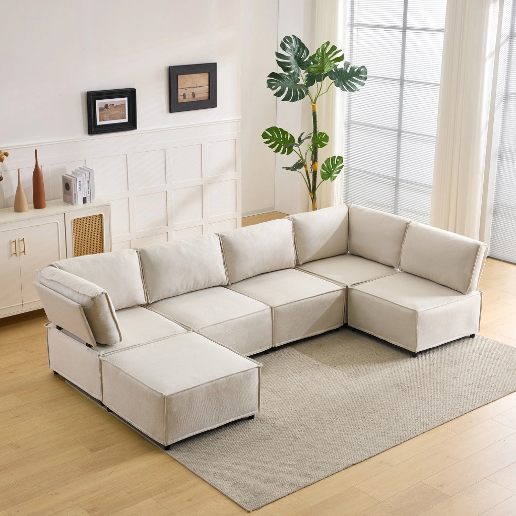 Divano angolare modulare 308x152x77 cm combinabile in legno beige