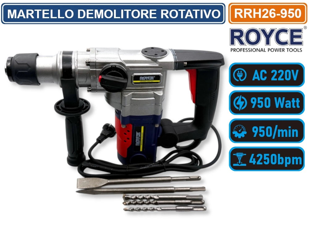 MARTELLO ROTATIVO DEMOLITORE PERCUSSIONE TASSELLATORE 950 WATT SDS PLUS FORO RRH26 4250BPM
