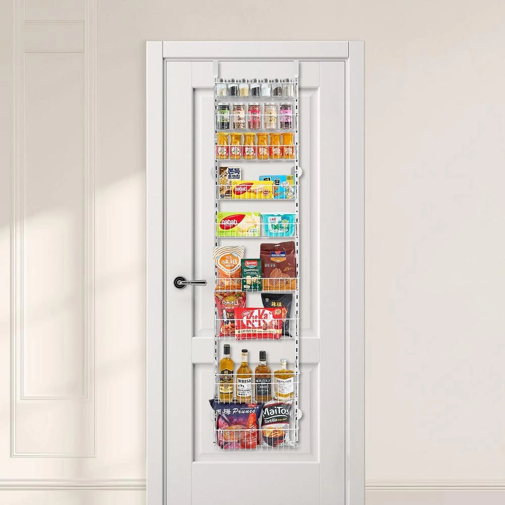 Organizzatore per Dispensa Sopra Porta a 9 Ripiani Regolabili, Scaffale Porta Spezie Sospeso in Acciaio, Salvaspazio per Cucina e Casa, Bianco DPO-9A