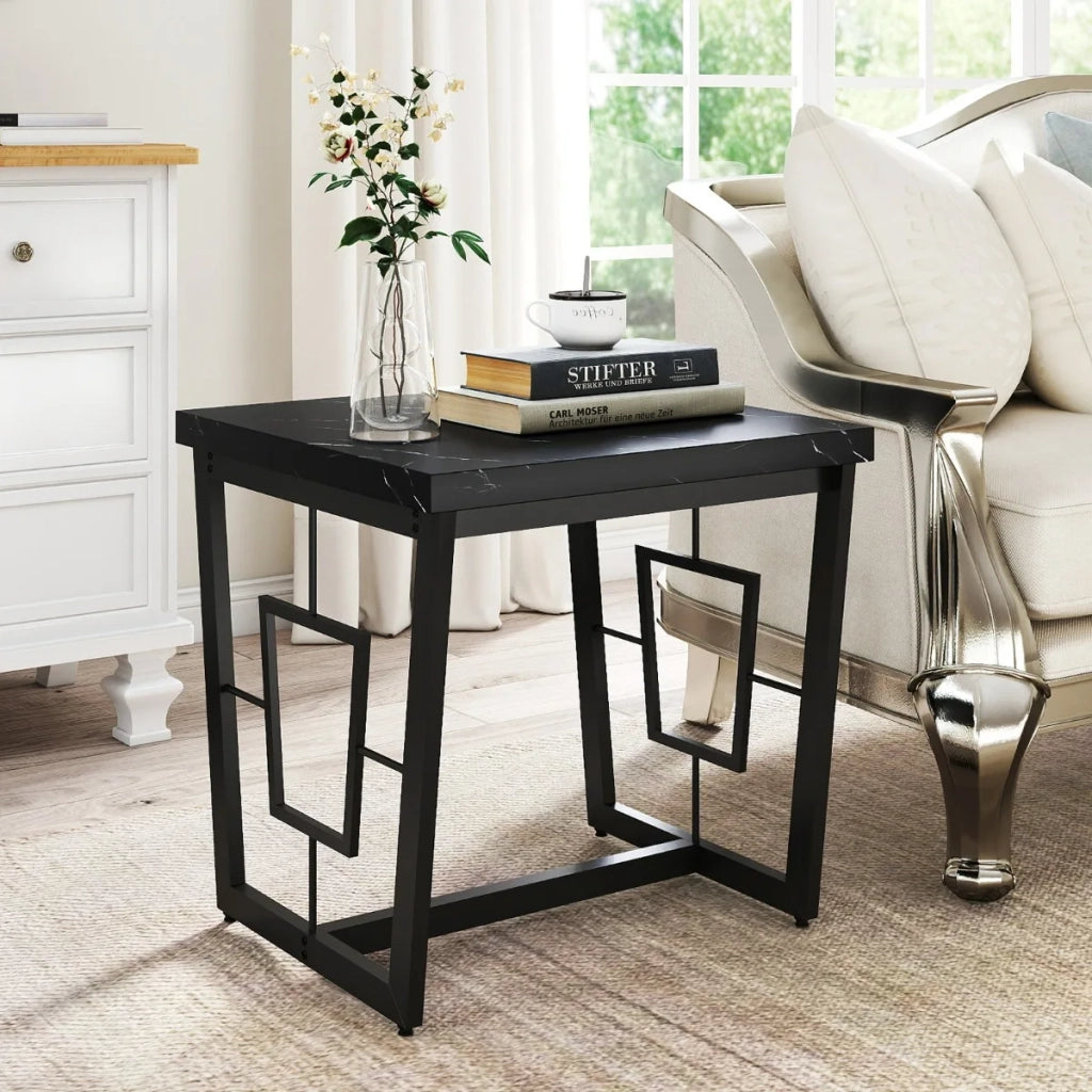 Tavolino da Salotto Effetto Marmo 60x60x60 cm con Struttura in Metallo e Base a H, Tavolino da Notte Quadrato per Soggiorno e Casa, Robusto, Nero