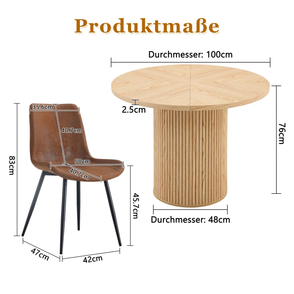 Set tavolo e sedie da pranzo rotondo con 4 sedie piano in MDF tessuto marrone metallo nero legno naturale