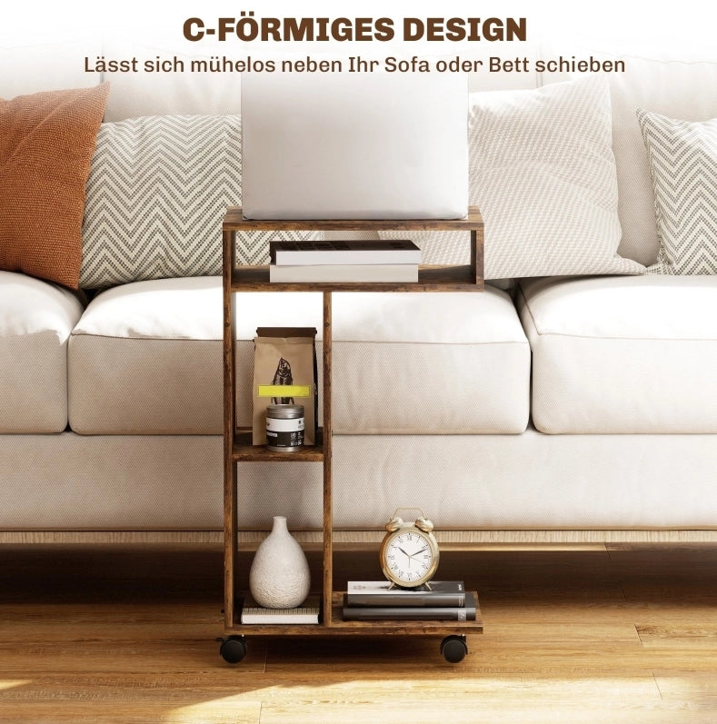 Carrello da servire a forma di C con 4 ruote e 3 ripiani, 40x30x69 cm, marrone rustico