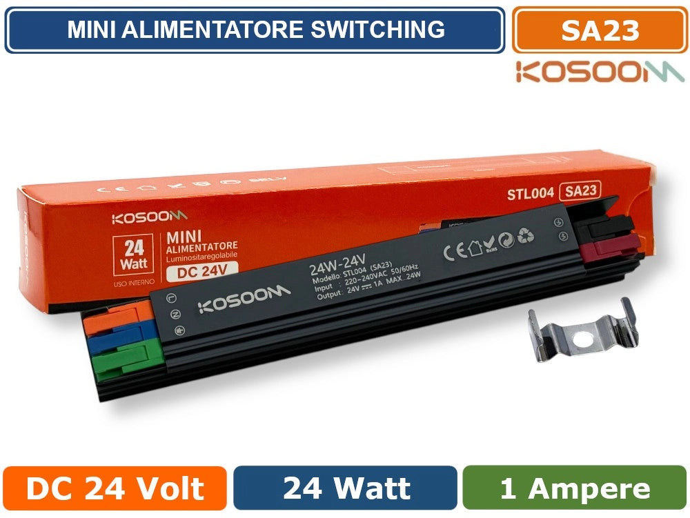 KOSOOM SA23 MINI ALIMENTATORE SLIM METALLICO STABILIZZATO SWITCHING TRIMMER 220V-24V 1A 24 WATT COLORE NERO IP20