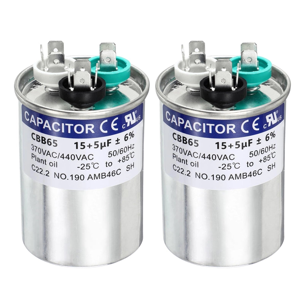 2 condensatori CBB65, capacità 15+5 µF, tensione 370/440 V AC, forma circolare