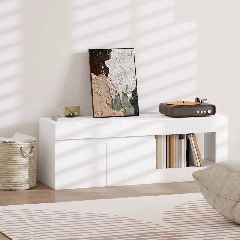Mobile TV bianco da 140 cm con 2 ante e vano aperto, fino a 60 pollici