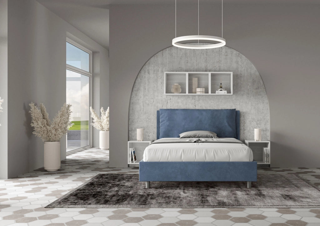 Letto alla Francese con Testiera Imbottita 140x210 Con Rete Antea Large Blu