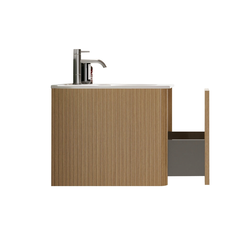 Mobile sottolavabo larghezza 80 cm con lavabo e cassetti push to open in mdf compensato e solid surface rovere