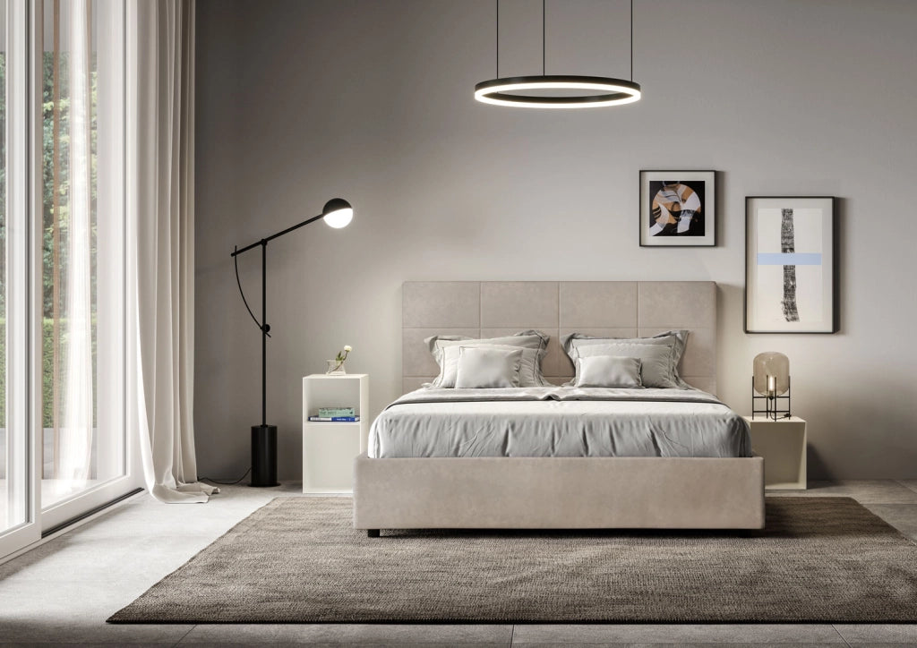 Letto Matrimoniale Imbottito in Microfibra 150x210 Con Rete Mika Sabbia