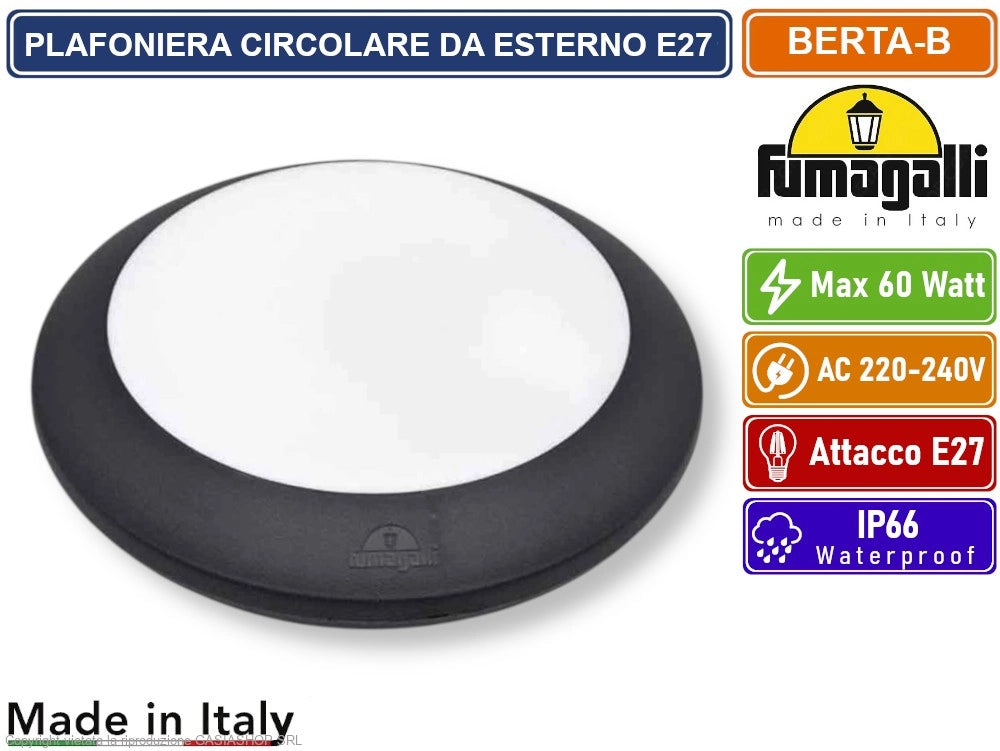 FUMAGALLI BERTA PLAFONIERA CIRCOLARE NERA CON PORTALAMPADA E27 MAX 60W SENZA VITI DA ESTERNO IP66
