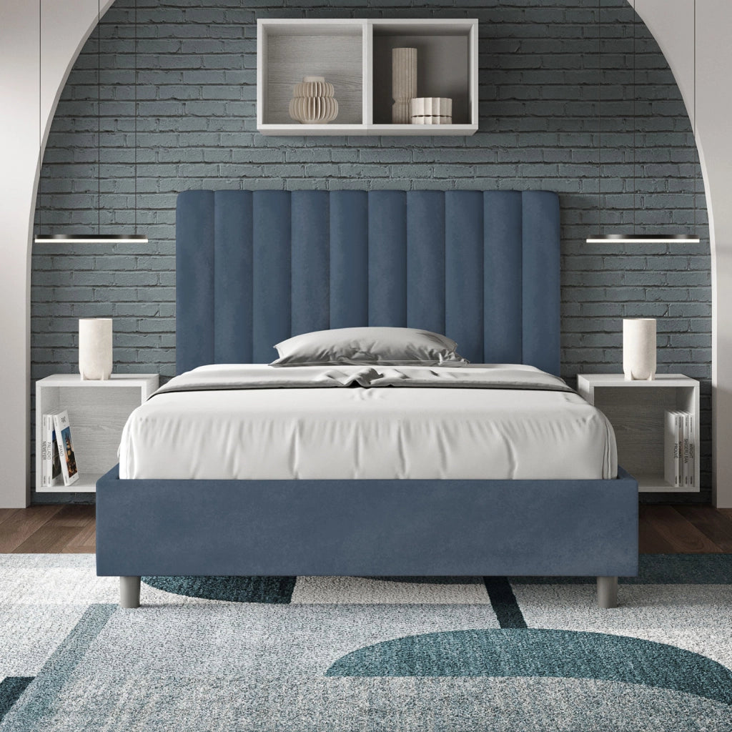 Letto una Piazza e Mezza Imbottito in Microfibra 130x210 Con Rete Agueda Blu