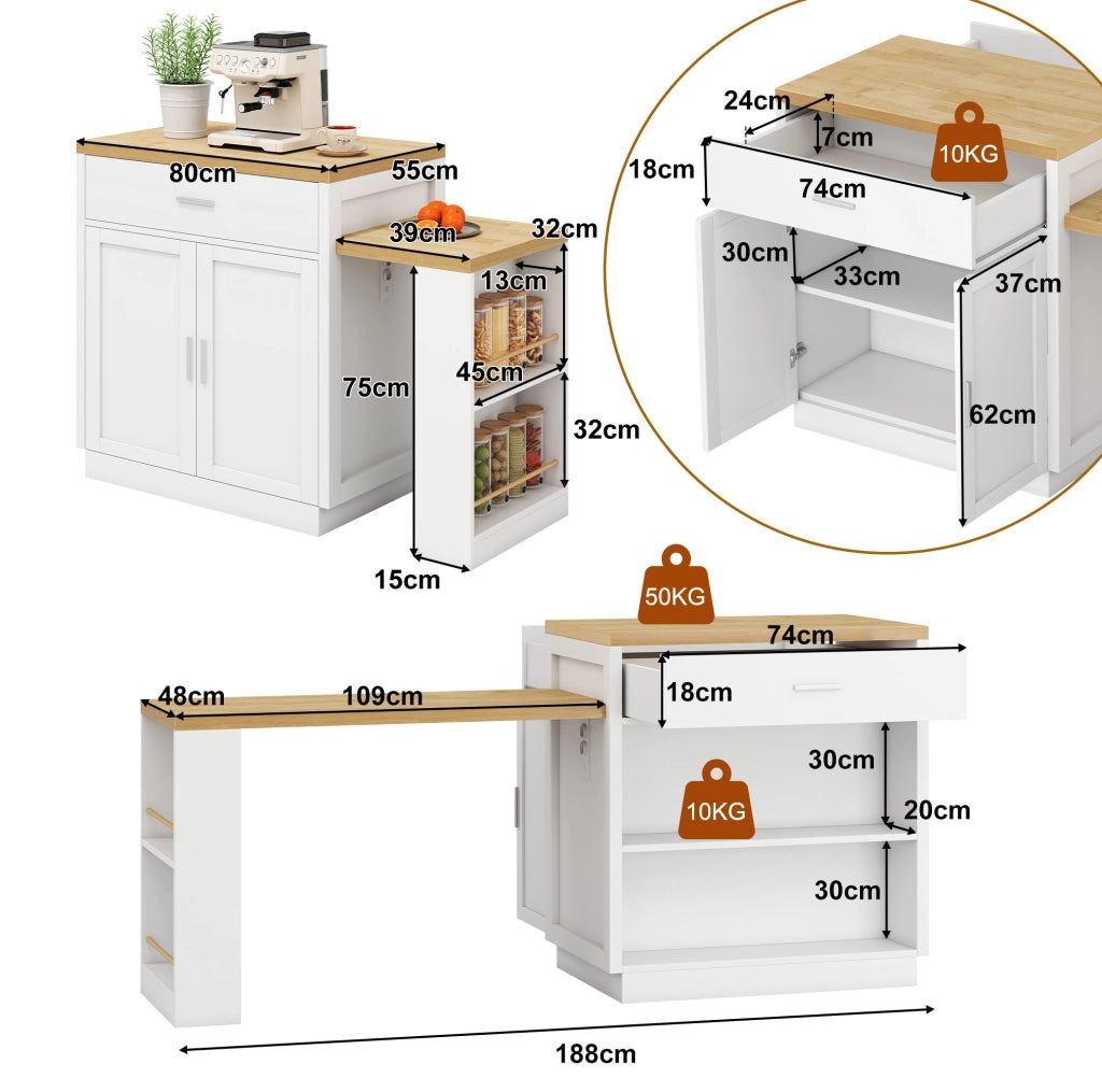 Isola cucina con piano estensibile per 4-6 persone, doppio colore, prese elettriche e USB, armadietto con 2 cassetti e ripiani aperti
