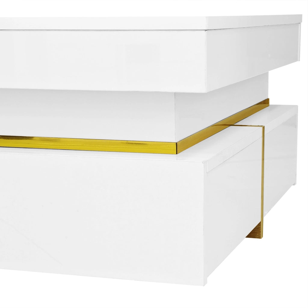 Tavolino da salotto 70 × 70 × 35,5 cm con 2 cassetti in pannello di particelle bianco lucido con dettagli dorati