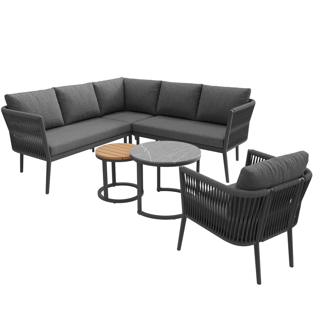 Set lounge da giardino ULEVR 6 pezzi modulare con 2 tavolini, cuscini da 8 cm e piedi regolabili, grigio