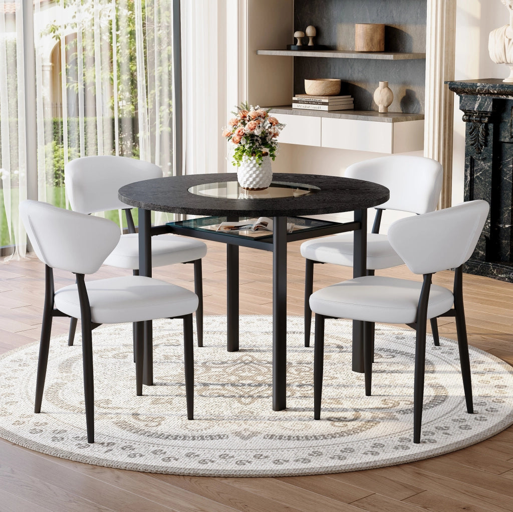 Set tavolo rotondo IVMEU ? 100 cm con 4 sedie bianche, piano effetto legno nero con inserto in vetro