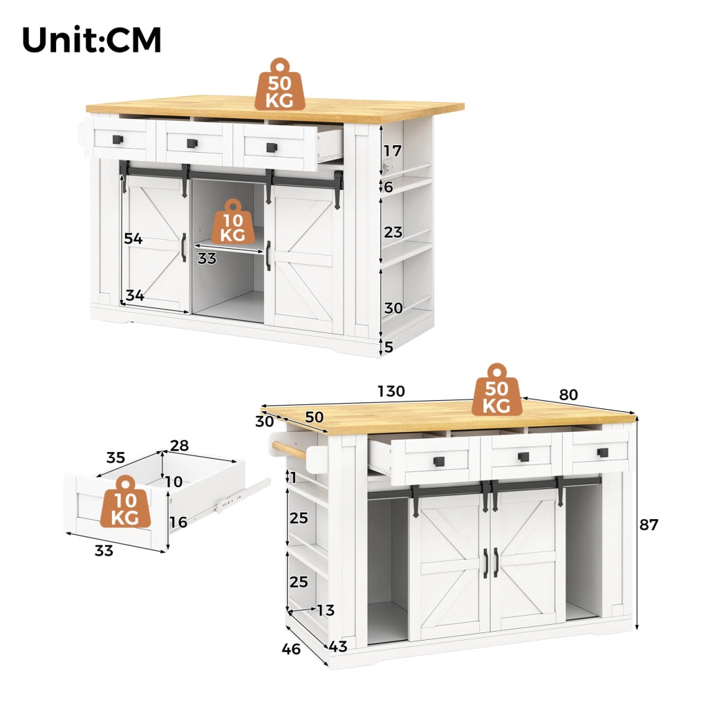 Isola da cucina mobile in MDF con piano ribaltabile, ruote bloccabili e prese integrate, 130 × 50(80) × 87 cm