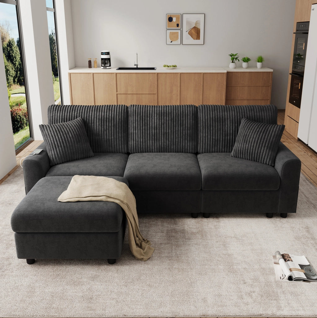 Divano 223x146 cm in ciniglia e velluto a coste grigio con USB e USB-C