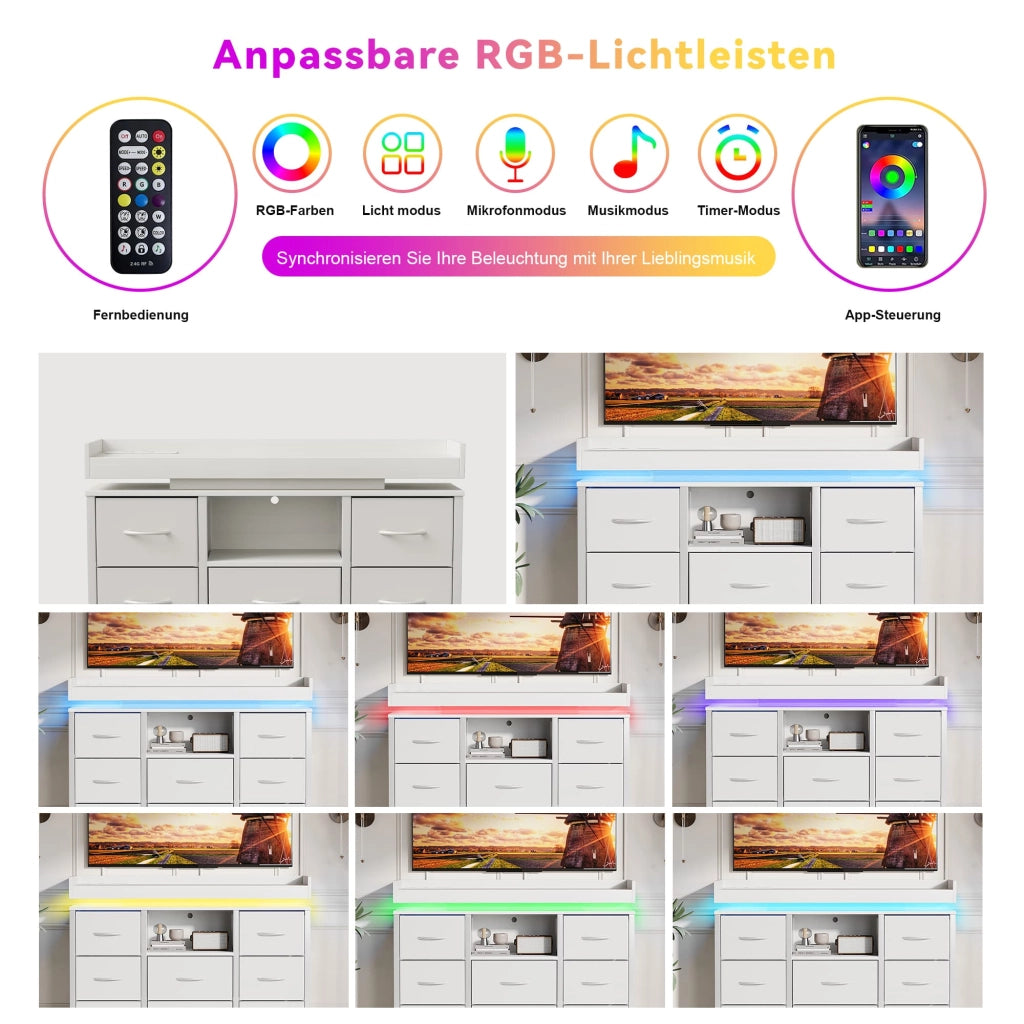 Cassettiera a 8 Cassetti con LED e Porte USB; Mobile con Cassetti in Tessuto; 108x30x82 cm; Armadio per Riporre Abiti per Camera da Letto e Soggiorno