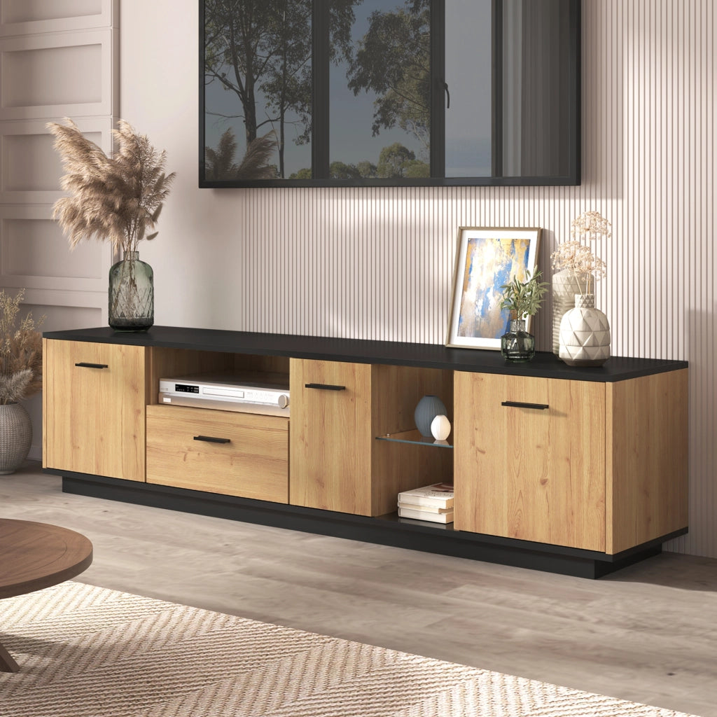 Mobile TV 180 × 37 × 45 cm con tre ante un cassetto divisori in vetro MDF nero e finitura legno con LED a 16 colori