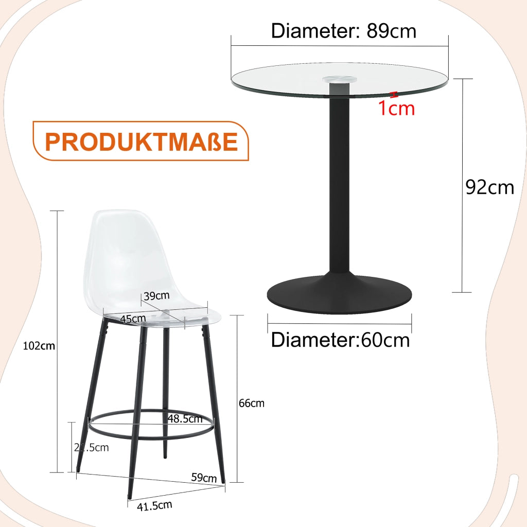 Set da bar 3 pezzi con piano in vetro trasparente; metallo nero e plastica trasparente