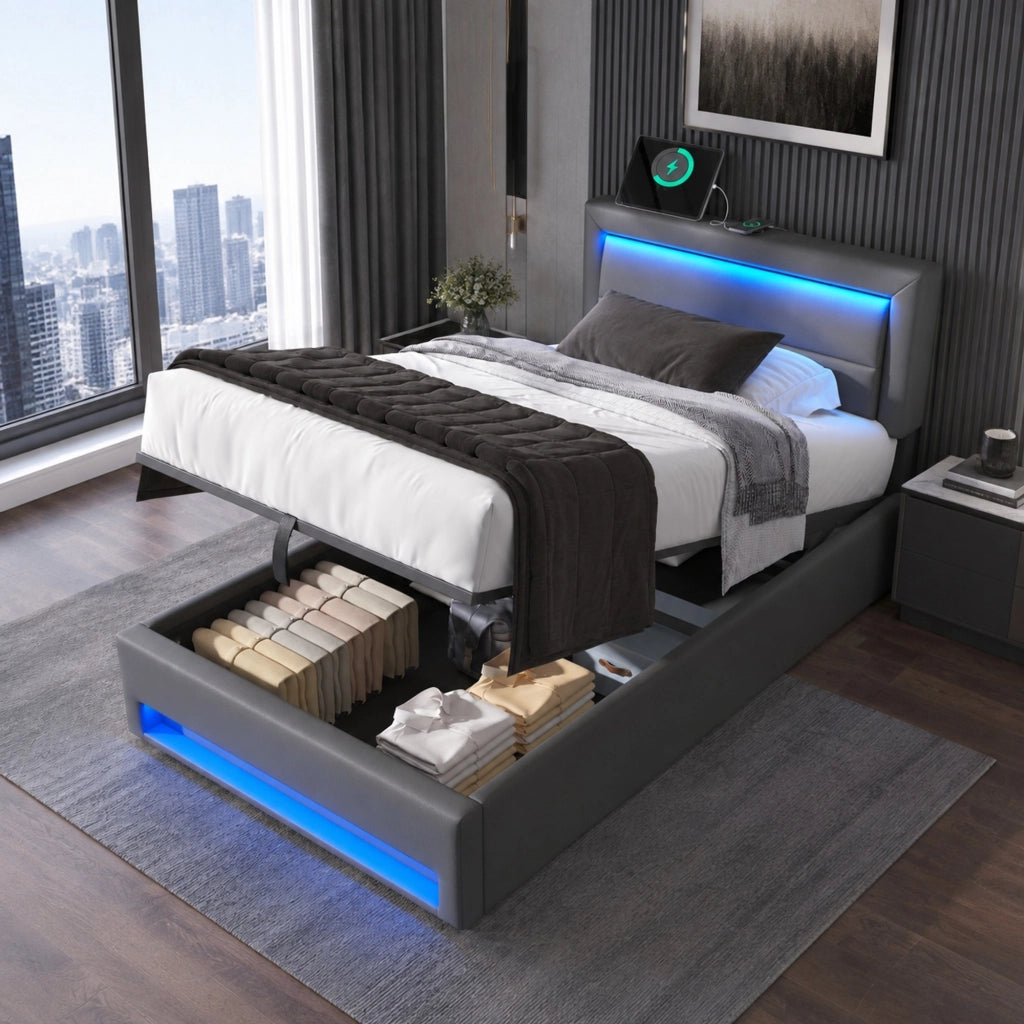 Letto imbottito con contenitore; LED e USB; per materasso 90 × 190 cm; PU grigio