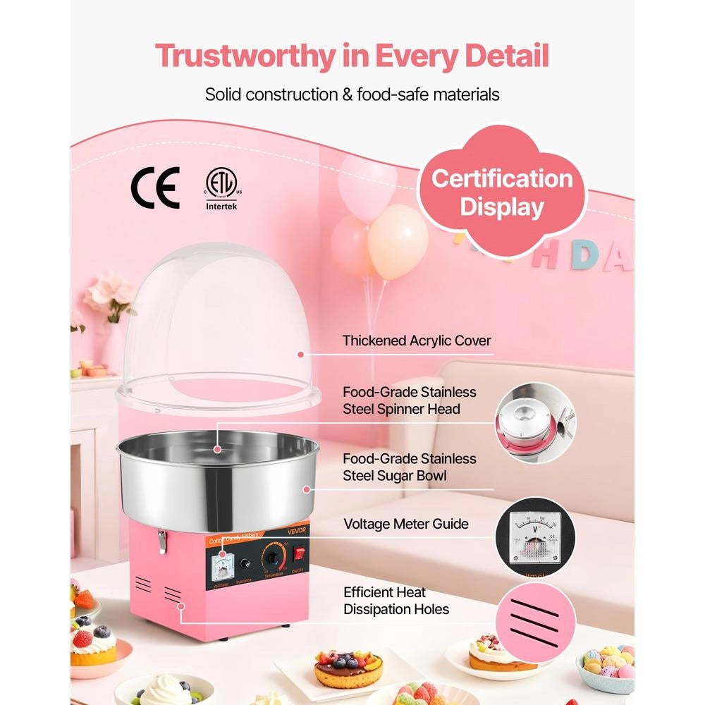 Macchina per zucchero filato elettrica 1000W KB-38 con coperchio ciotola inox rosa facile da usare per feste