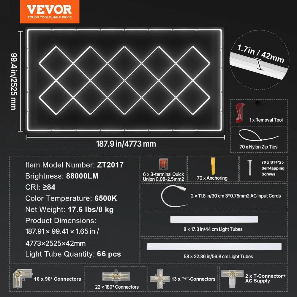 Plafoniera LED da Officina e Garage ZT2017 14 Quadrati, Sistema 52 Tubi 88000 lm 6500K Bianco Freddo, Illuminazione Modulare per Fai da Te