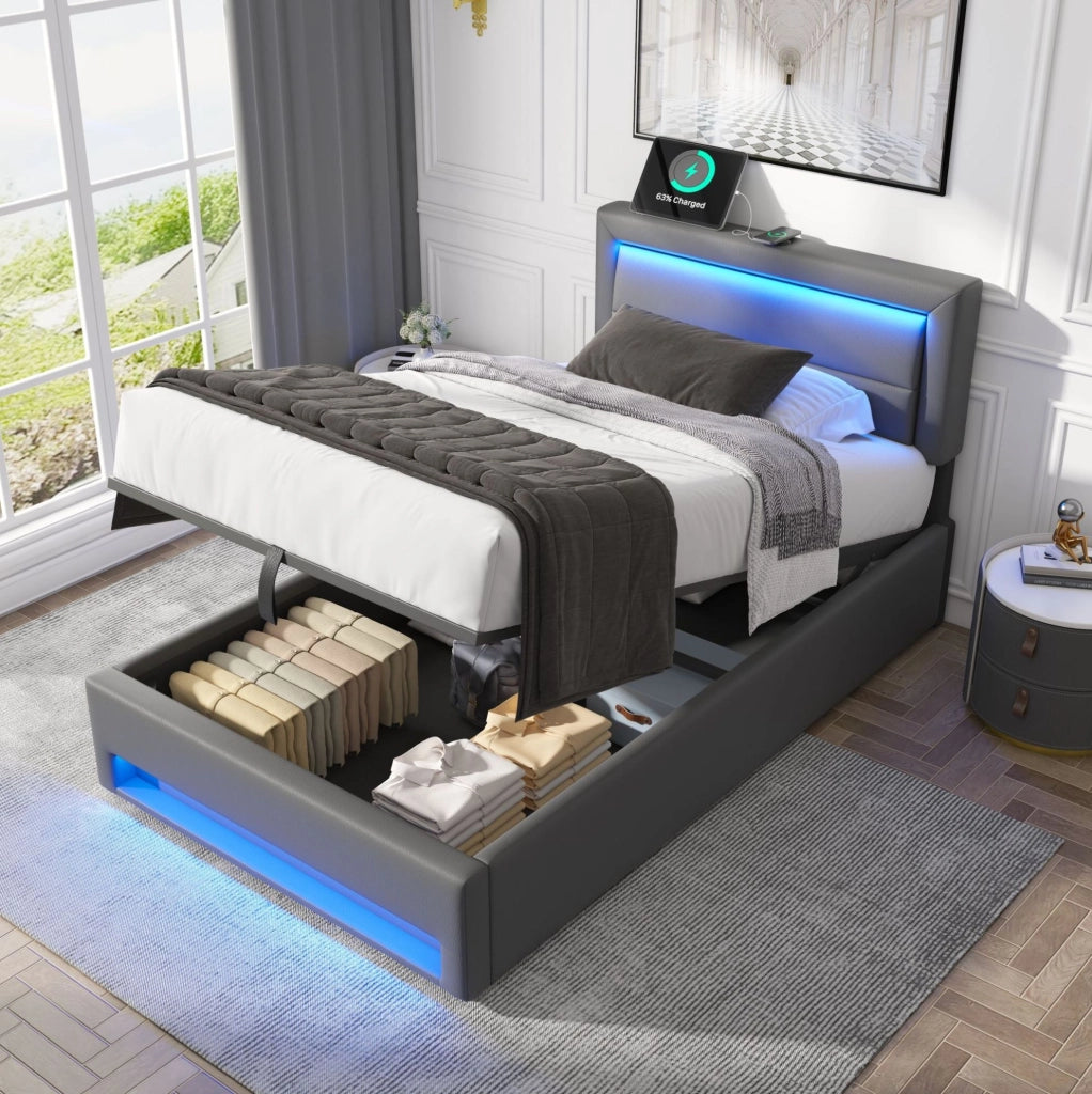 Letto imbottito con contenitore; LED e USB; per materasso 90 × 190 cm; PU grigio