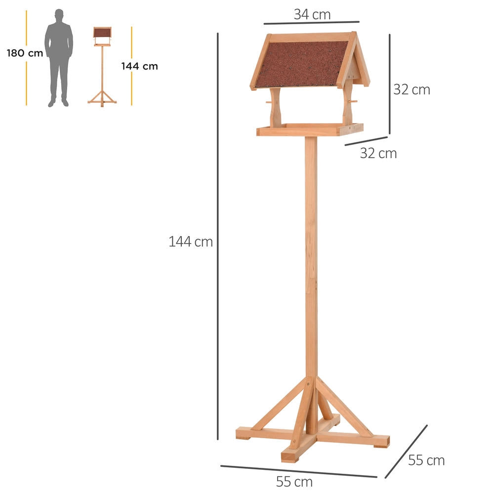 Mangiatoia per uccelli da esterno su piedistallo in legno di abete naturale con tetto resistente alle intemperie 55 x 55 x 144 cm per giardino