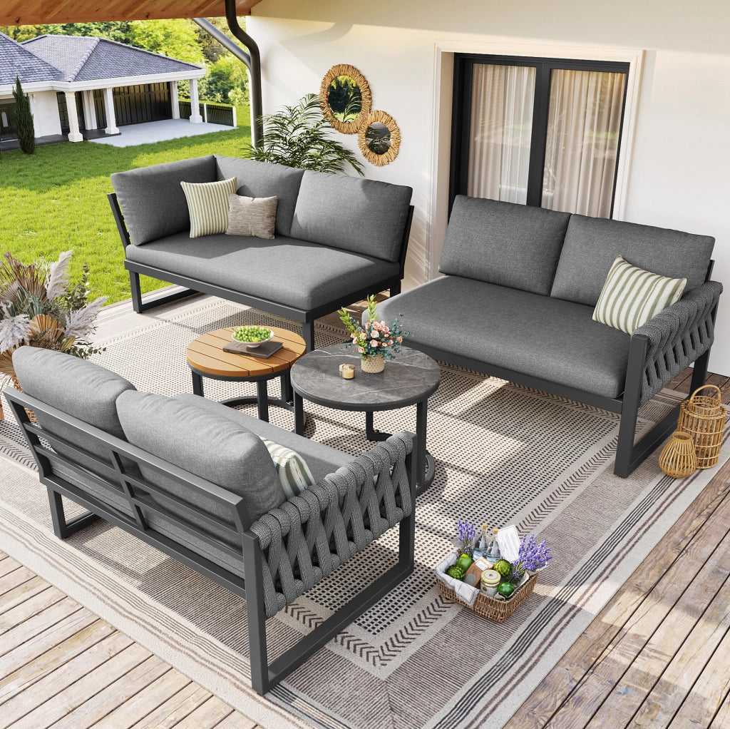 Set lounge da giardino ULEVR modulare grigio con 3 divani, 2 tavolini e cuscini sfoderabili